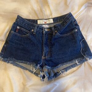 Vintage Guess Jeans. Size 28. Bootcut made into shorts. Dark wash. Distressed.